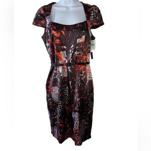 David Meister NWT Silk/Spandex Rust/Brown Abstract Belted Dress